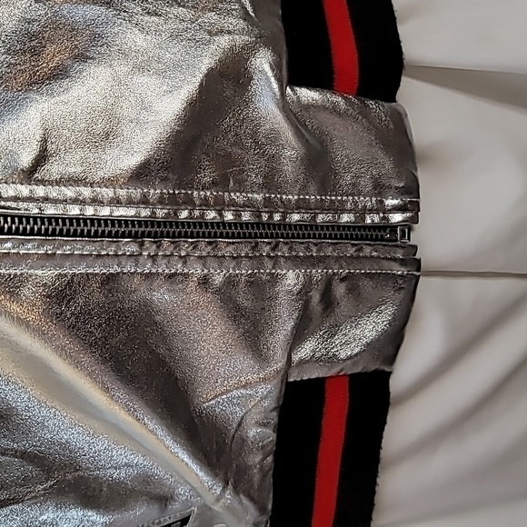 Silver metallic bomber jacket kids large black red stripes Haoduoyi brand - Picture 3 of 17